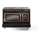 ILVE Nostalgie II 48-Inch Dual Fuel Range with 5 Sealed Burners + Griddle + French Top, 5.02 cu. ft. Oven, Glossy Black with Copper Trim, Natural Gas, Triple Glass Door, UN48FSNMPBKP