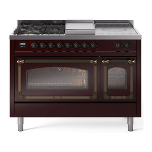 ILVE Nostalgie II 48-Inch Dual Fuel Range with 5 Sealed Burners + Griddle + French Top, 5.02 cu. ft. Oven, Burgundy with Burnished Trim, Liquid Propane, Triple Glass Door, UN48FSNMPBUBLP