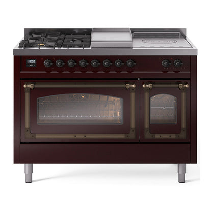 ILVE Nostalgie II 48-Inch Dual Fuel Range with 5 Sealed Burners + Griddle + French Top, 5.02 cu. ft. Oven, Burgundy with Burnished Trim, Liquid Propane, Triple Glass Door, UN48FSNMPBUBLP