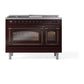 ILVE Nostalgie II 48-Inch Dual Fuel Range with 5 Sealed Burners + Griddle + French Top, 5.02 cu. ft. Oven, Burgundy with Burnished Trim, Liquid Propane, Triple Glass Door, UN48FSNMPBUBLP