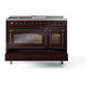 ILVE Nostalgie II 48-Inch Dual Fuel Range with 5 Sealed Burners + Griddle + French Top, 5.02 cu. ft. Oven, Burgundy with Burnished Trim, Natural Gas, Triple Glass Door, UN48FSNMPBUB