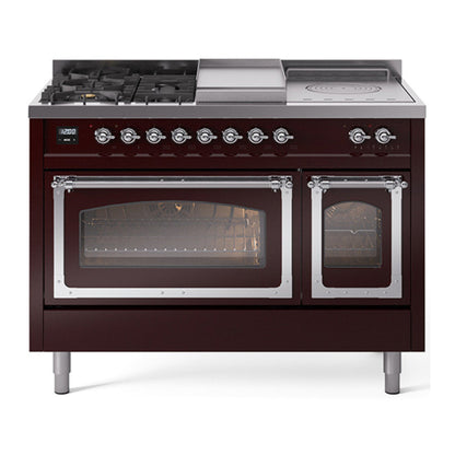 ILVE Nostalgie II 48-Inch Dual Fuel Range with 5 Sealed Burners + Griddle + French Top, 5.02 cu. ft. Oven, Burgundy with Chrome Trim, Liquid Propane, Triple Glass Door, UN48FSNMPBUCLP