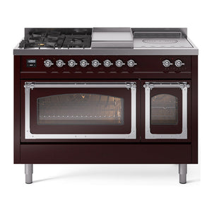 ILVE Nostalgie II 48-Inch Dual Fuel Range with 5 Sealed Burners + Griddle + French Top, 5.02 cu. ft. Oven, Burgundy with Chrome Trim, Natural Gas, Triple Glass Door, UN48FSNMPBUC