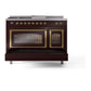 ILVE Nostalgie II 48-Inch Dual Fuel Range with 5 Sealed Burners + Griddle + French Top, 5.02 cu. ft. Oven, Burgundy with Brass Trim, Liquid Propane, Triple Glass Door, UN48FSNMPBUGLP