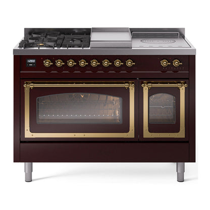 ILVE Nostalgie II 48-Inch Dual Fuel Range with 5 Sealed Burners + Griddle + French Top, 5.02 cu. ft. Oven, Burgundy with Brass Trim, Natural Gas, Triple Glass Door, UN48FSNMPBUG
