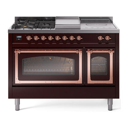 ILVE Nostalgie II 48-Inch Dual Fuel Range with 5 Sealed Burners + Griddle + French Top, 5.02 cu. ft. Oven, Burgundy with Copper Trim, Natural Gas, Triple Glass Door, UN48FSNMPBUP