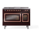 ILVE Nostalgie II 48-Inch Dual Fuel Range with 5 Sealed Burners + Griddle + French Top, 5.02 cu. ft. Oven, Burgundy with Copper Trim, Natural Gas, Triple Glass Door, UN48FSNMPBUP