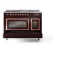 ILVE Nostalgie II 48-Inch Dual Fuel Range with 5 Sealed Burners + Griddle + French Top, 5.02 cu. ft. Oven, Burgundy with Copper Trim, Natural Gas, Triple Glass Door, UN48FSNMPBUP