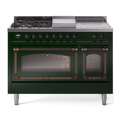 ILVE Nostalgie II 48-Inch Dual Fuel Range with 5 Sealed Burners + Griddle + French Top, 5.02 cu. ft. Oven, Emerald Green with Burnished Trim, Liquid Propane, Triple Glass Door, UN48FSNMPEGBLP