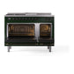 ILVE Nostalgie II 48-Inch Dual Fuel Range with 5 Sealed Burners + Griddle + French Top, 5.02 cu. ft. Oven, Emerald Green with Burnished Trim, Natural Gas, Triple Glass Door, UN48FSNMPEGB