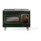 ILVE Nostalgie II 48-Inch Dual Fuel Range with 5 Sealed Burners + Griddle + French Top, 5.02 cu. ft. Oven, Emerald Green with Burnished Trim, Natural Gas, Triple Glass Door, UN48FSNMPEGB
