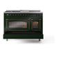 ILVE Nostalgie II 48-Inch Dual Fuel Range with 5 Sealed Burners + Griddle + French Top, 5.02 cu. ft. Oven, Emerald Green with Burnished Trim, Natural Gas, Triple Glass Door, UN48FSNMPEGB