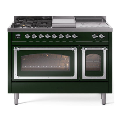 ILVE Nostalgie II 48-Inch Dual Fuel Range with 5 Sealed Burners + Griddle + French Top, 5.02 cu. ft. Oven, Emerald Green with Chrome Trim, Natural Gas, Triple Glass Door, UN48FSNMPEGC