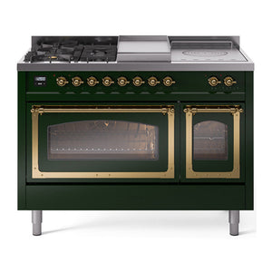 ILVE Nostalgie II 48-Inch Dual Fuel Range with 5 Sealed Burners + Griddle + French Top, 5.02 cu. ft. Oven, Emerald Green with Brass Trim, Liquid Propane, Triple Glass Door, UN48FSNMPEGGLP