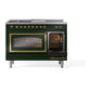 ILVE Nostalgie II 48-Inch Dual Fuel Range with 5 Sealed Burners + Griddle + French Top, 5.02 cu. ft. Oven, Emerald Green with Brass Trim, Natural Gas, Triple Glass Door, UN48FSNMPEGG