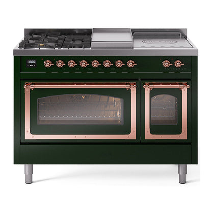 ILVE Nostalgie II 48-Inch Dual Fuel Range with 5 Sealed Burners + Griddle + French Top, 5.02 cu. ft. Oven, Emerald Green with Copper Trim, Liquid Propane, Triple Glass Door, UN48FSNMPEGPLP