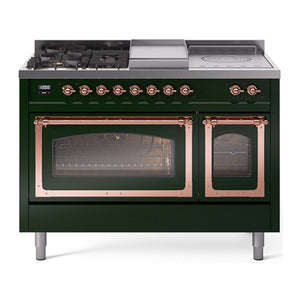 ILVE Nostalgie II 48-Inch Dual Fuel Range with 5 Sealed Burners + Griddle + French Top, 5.02 cu. ft. Oven, Emerald Green with Copper Trim, Natural Gas, Triple Glass Door, UN48FSNMPEGP