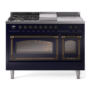 ILVE Nostalgie II 48-Inch Dual Fuel Range with 5 Sealed Burners + Griddle + French Top, 5.02 cu. ft. Oven, Midnight Blue with Burnished Trim, Liquid Propane, Triple Glass Door, UN48FSNMPMBBLP