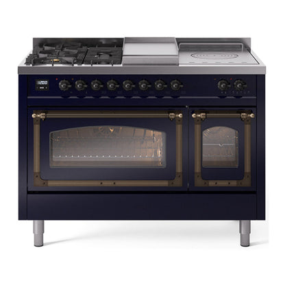 ILVE Nostalgie II 48-Inch Dual Fuel Range with 5 Sealed Burners + Griddle + French Top, 5.02 cu. ft. Oven, Midnight Blue with Burnished Trim, Natural Gas, Triple Glass Door, UN48FSNMPMBB