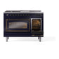 ILVE Nostalgie II 48-Inch Dual Fuel Range with 5 Sealed Burners + Griddle + French Top, 5.02 cu. ft. Oven, Midnight Blue with Burnished Trim, Natural Gas, Triple Glass Door, UN48FSNMPMBB