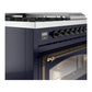 ILVE Nostalgie II 48-Inch Dual Fuel Range with 5 Sealed Burners + Griddle + French Top, 5.02 cu. ft. Oven, Midnight Blue with Burnished Trim, Natural Gas, Triple Glass Door, UN48FSNMPMBB