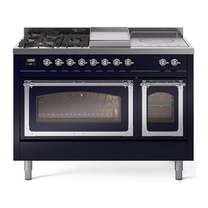 ILVE Nostalgie II 48-Inch Dual Fuel Range with 5 Sealed Burners + Griddle + French Top, 5.02 cu. ft. Oven, Midnight Blue with Chrome Trim, Natural Gas, Triple Glass Door, UN48FSNMPMBC