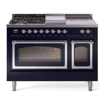 ILVE Nostalgie II 48-Inch Dual Fuel Range with 5 Sealed Burners + Griddle + French Top, 5.02 cu. ft. Oven, Midnight Blue with Chrome Trim, Natural Gas, Triple Glass Door, UN48FSNMPMBC