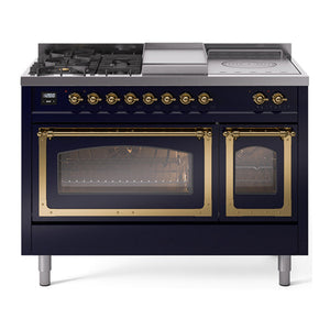 ILVE Nostalgie II 48-Inch Dual Fuel Range with 5 Sealed Burners + Griddle + French Top, 5.02 cu. ft. Oven, Midnight Blue with Brass Trim, Liquid Propane, Triple Glass Door, UN48FSNMPMBGLP