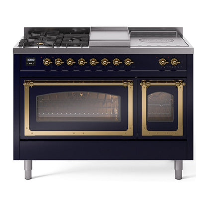 ILVE Nostalgie II 48-Inch Dual Fuel Range with 5 Sealed Burners + Griddle + French Top, 5.02 cu. ft. Oven, Midnight Blue with Brass Trim, Liquid Propane, Triple Glass Door, UN48FSNMPMBGLP