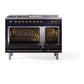 ILVE Nostalgie II 48-Inch Dual Fuel Range with 5 Sealed Burners + Griddle + French Top, 5.02 cu. ft. Oven, Midnight Blue with Brass Trim, Liquid Propane, Triple Glass Door, UN48FSNMPMBGLP