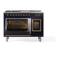 ILVE Nostalgie II 48-Inch Dual Fuel Range with 5 Sealed Burners + Griddle + French Top, 5.02 cu. ft. Oven, Midnight Blue with Brass Trim, Natural Gas, Triple Glass Door, UN48FSNMPMBG
