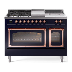 ILVE Nostalgie II 48-Inch Dual Fuel Range with 5 Sealed Burners + Griddle + French Top, 5.02 cu. ft. Oven, Midnight Blue with Copper Trim, Liquid Propane, Triple Glass Door, UN48FSNMPMBPLP