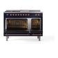 ILVE Nostalgie II 48-Inch Dual Fuel Range with 5 Sealed Burners + Griddle + French Top, 5.02 cu. ft. Oven, Midnight Blue with Copper Trim, Liquid Propane, Triple Glass Door, UN48FSNMPMBPLP