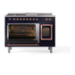 ILVE Nostalgie II 48-Inch Dual Fuel Range with 5 Sealed Burners + Griddle + French Top, 5.02 cu. ft. Oven, Midnight Blue with Copper Trim, Liquid Propane, Triple Glass Door, UN48FSNMPMBPLP