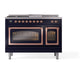 ILVE Nostalgie II 48-Inch Dual Fuel Range with 5 Sealed Burners + Griddle + French Top, 5.02 cu. ft. Oven, Midnight Blue with Copper Trim, Natural Gas, Triple Glass Door, UN48FSNMPMBP