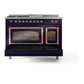 ILVE Nostalgie II 48-Inch Dual Fuel Range with 5 Sealed Burners + Griddle + French Top, 5.02 cu. ft. Oven, Midnight Blue with Copper Trim, Natural Gas, Triple Glass Door, UN48FSNMPMBP
