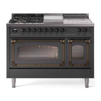 ILVE Nostalgie II 48-Inch Dual Fuel Range with 5 Sealed Burners + Griddle + French Top, 5.02 cu. ft. Oven, Graphite Matte with Burnished Trim, Liquid Propane, Triple Glass Door, UN48FSNMPMGBLP