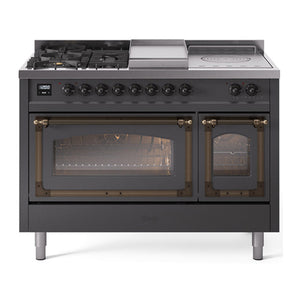 ILVE Nostalgie II 48-Inch Dual Fuel Range with 5 Sealed Burners + Griddle + French Top, 5.02 cu. ft. Oven, Graphite Matte with Burnished Trim, Natural Gas, Triple Glass Door, UN48FSNMPMGB