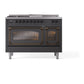 ILVE Nostalgie II 48-Inch Dual Fuel Range with 5 Sealed Burners + Griddle + French Top, 5.02 cu. ft. Oven, Graphite Matte with Burnished Trim, Natural Gas, Triple Glass Door, UN48FSNMPMGB