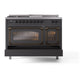 ILVE Nostalgie II 48-Inch Dual Fuel Range with 5 Sealed Burners + Griddle + French Top, 5.02 cu. ft. Oven, Graphite Matte with Burnished Trim, Natural Gas, Triple Glass Door, UN48FSNMPMGB