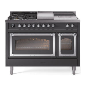 ILVE Nostalgie II 48-Inch Dual Fuel Range with 5 Sealed Burners + Griddle + French Top, 5.02 cu. ft. Oven, Graphite Matte with Chrome Trim, Liquid Propane, Triple Glass Door, UN48FSNMPMGCLP