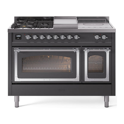 ILVE Nostalgie II 48-Inch Dual Fuel Range with 5 Sealed Burners + Griddle + French Top, 5.02 cu. ft. Oven, Graphite Matte with Chrome Trim, Natural Gas, Triple Glass Door, UN48FSNMPMGC