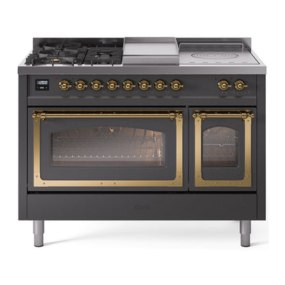 ILVE Nostalgie II 48-Inch Dual Fuel Range with 5 Sealed Burners + Griddle + French Top, 5.02 cu. ft. Oven, Graphite Matte with Brass Trim, Liquid Propane, Triple Glass Door, UN48FSNMPMGGLP