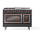 ILVE Nostalgie II 48-Inch Dual Fuel Range with 5 Sealed Burners + Griddle + French Top, 5.02 cu. ft. Oven, Graphite Matte with Copper Trim, Liquid Propane, Triple Glass Door, UN48FSNMPMGPLP