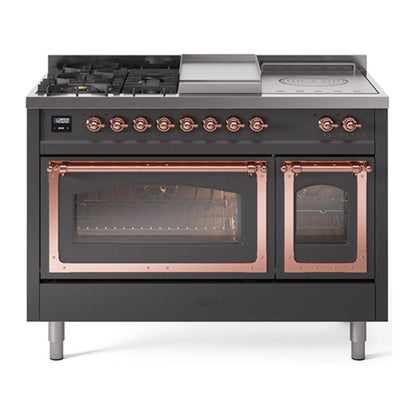 ILVE Nostalgie II 48-Inch Dual Fuel Range with 5 Sealed Burners + Griddle + French Top, 5.02 cu. ft. Oven, Graphite Matte with Copper Trim, Natural Gas, Triple Glass Door, UN48FSNMPMGP