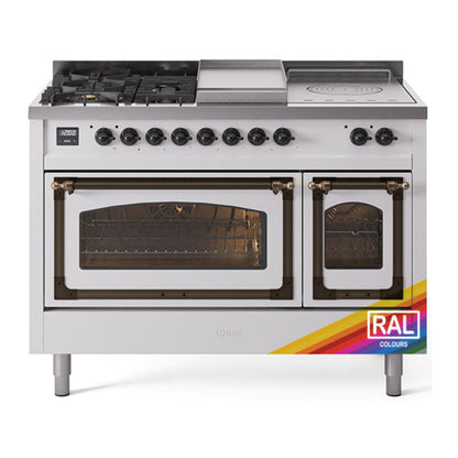 ILVE Nostalgie II 48-Inch Dual Fuel Range with 5 Sealed Burners + Griddle + French Top, 5.02 cu. ft. Oven, RAL with Burnished Trim, Natural Gas, Triple Glass Door, UN48FSNMPRAB