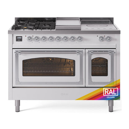 ILVE Nostalgie II 48-Inch Dual Fuel Range with 5 Sealed Burners + Griddle + French Top, 5.02 cu. ft. Oven, RAL with Chrome Trim, Liquid Propane, Triple Glass Door, UN48FSNMPRACLP