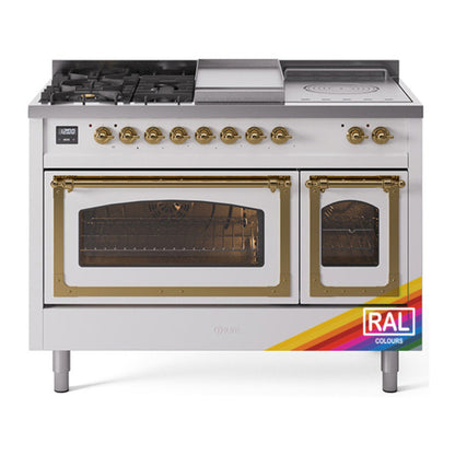ILVE Nostalgie II 48-Inch Dual Fuel Range with 5 Sealed Burners + Griddle + French Top, 5.02 cu. ft. Oven, RAL with Brass Trim, Natural Gas, Triple Glass Door, UN48FSNMPRAG