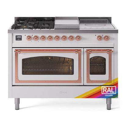 ILVE Nostalgie II 48-Inch Dual Fuel Range with 5 Sealed Burners + Griddle + French Top, 5.02 cu. ft. Oven, RAL with Copper Trim, Liquid Propane, Triple Glass Door, UN48FSNMPRAPLP