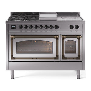 ILVE Nostalgie II 48-Inch Dual Fuel Range with 5 Sealed Burners + Griddle + French Top, 5.02 cu. ft. Oven, Stainless Steel with Burnished Trim, Natural Gas, Triple Glass Door, UN48FSNMPSSB